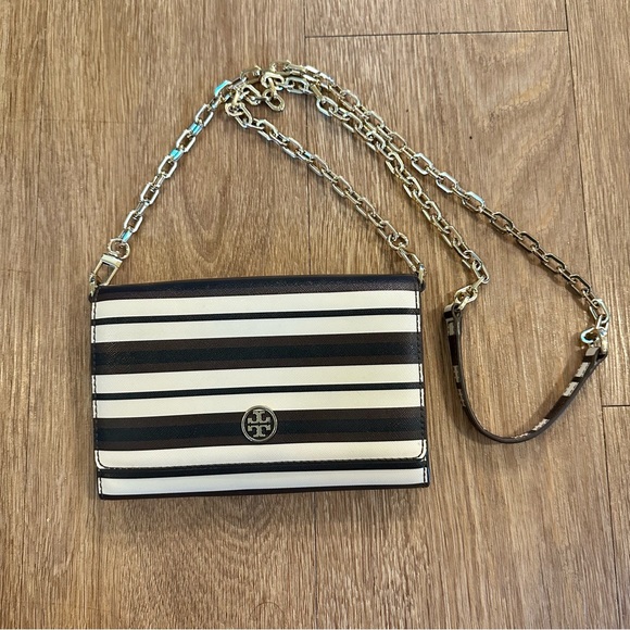 Tory Burch Striped Robinson Crossbody Wallet On Chain - Picture 1 of 10